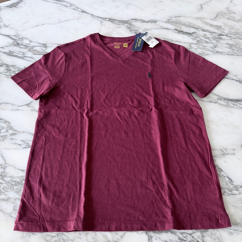 Polo Ralph Lauren Mens V-Neck T-Shirt Burgundy Red Pony Logo Size Medium NWT